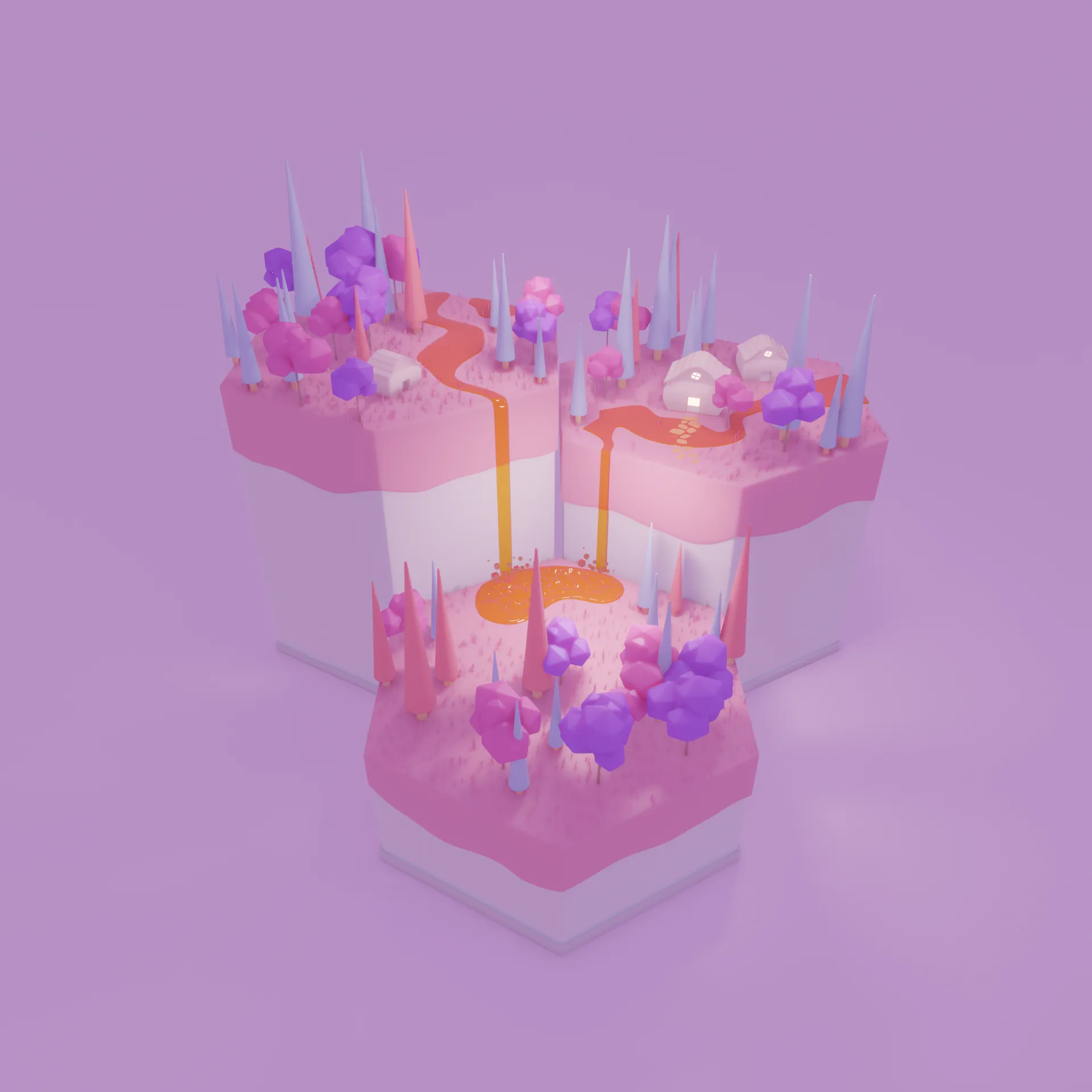 a lowpoly 3d render of imaginative pink islands with an orange waterfall, pink and purple trees
